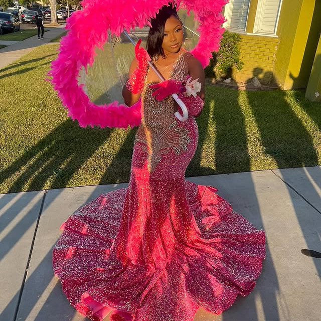 Vestido longo de baile para meninas negras, sereia, lantejoulas, cristais, vestidos de festa de aniversário, vestido de noite personalizado