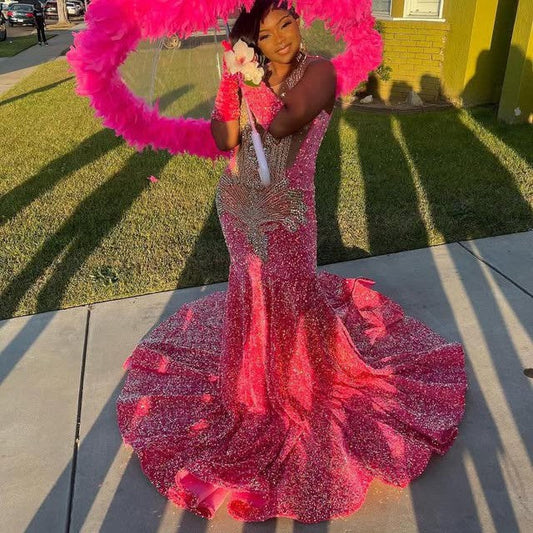 Long Prom Dress For Black Girls Mermaid Sequined Beaded Crystals Birthday Party Dresses Evening Gown Customized