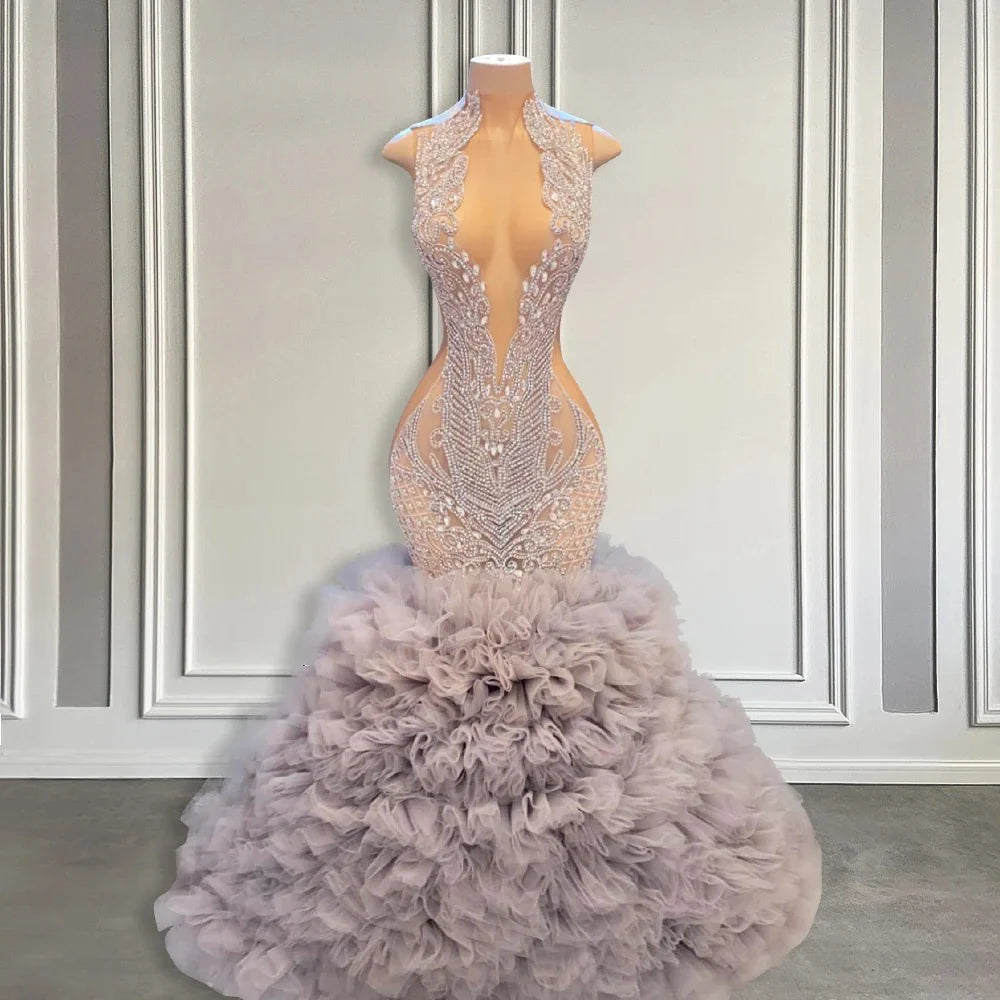 فستان طويل للحفلات الراقصة للفتيات ذوات البشرة السوداء، حورية البحر، مزين بالترتر والخرز والكريستال، فساتين حفلات أعياد الميلاد، فستان سهرة مخصص