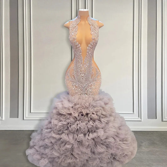 Vestido longo de baile para meninas negras, sereia, lantejoulas, cristais, vestidos de festa de aniversário, vestido de noite personalizado