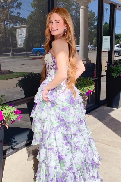 Lavender Print Sweetheart Floral Tiered A-line Prom Dress