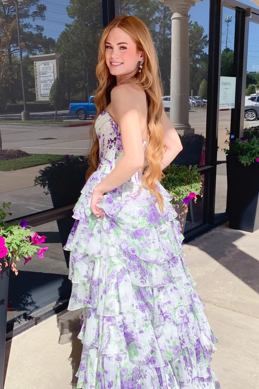 Lavender Print Sweetheart Floral Tiered A-line Prom Dress