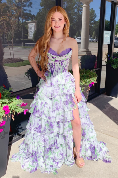 Lavender Print Sweetheart Floral Tiered A-line Prom Dress