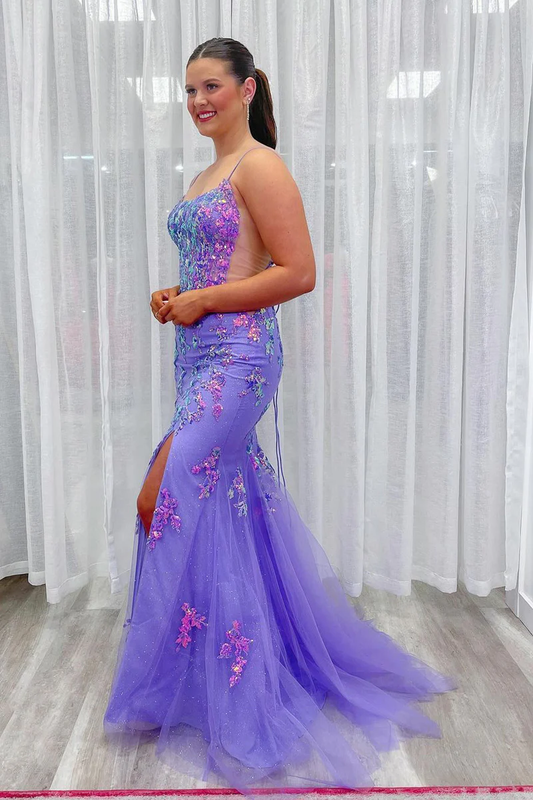 Lavender Scoop Neck Sequins Appliques Mermaid Long Prom Dress