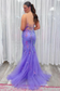 Lavender Scoop Neck Sequins Appliques Mermaid Long Prom Dress