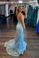 Light Blue Scoop Neck Sequin Appliques Mermaid Prom Dress