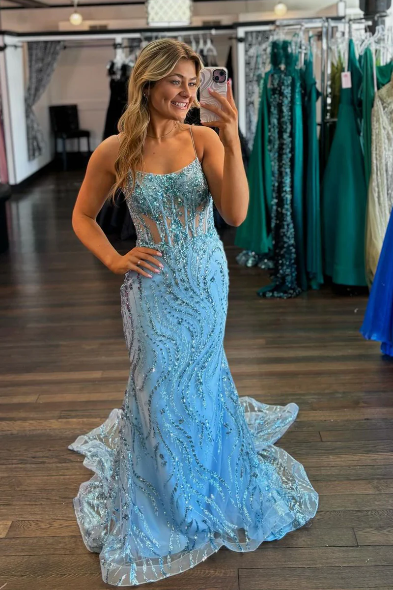 Light Blue Scoop Neck Sequin Appliques Mermaid Prom Dress