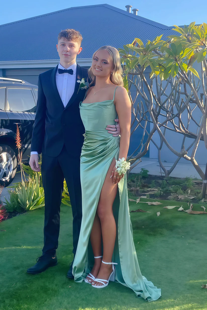 Light Green Cowl Neck Slit Long Dress