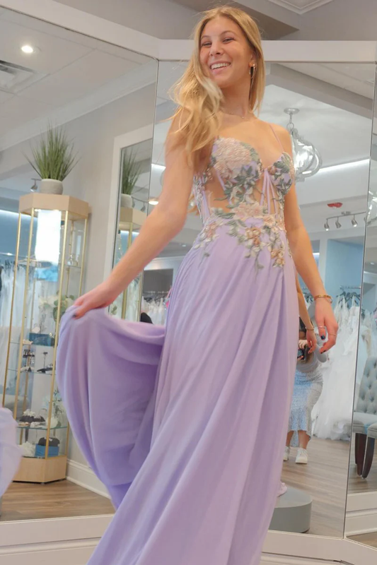 Lilac Sweetheart Chiffon Long Prom Dresses with Appliques