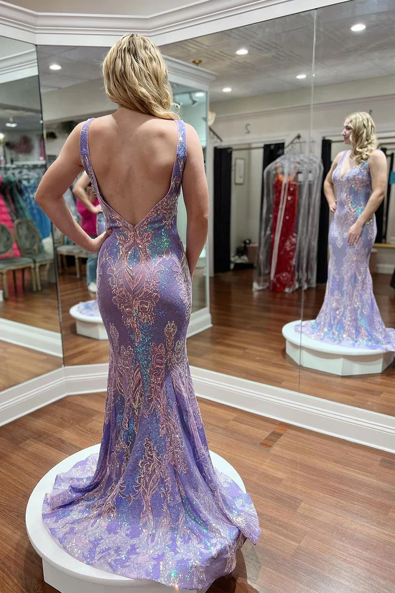 Lilac V Neck Sequins Appliques Mermaid Long Prom Dress