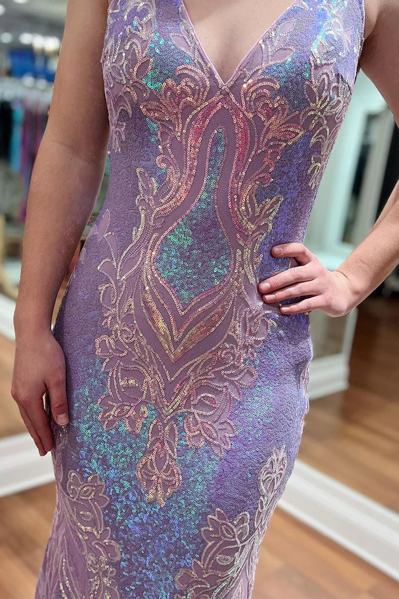 Lilac V Neck Sequins Appliques Mermaid Long Prom Dress