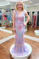 Lilac V Neck Sequins Appliques Mermaid Long Prom Dress