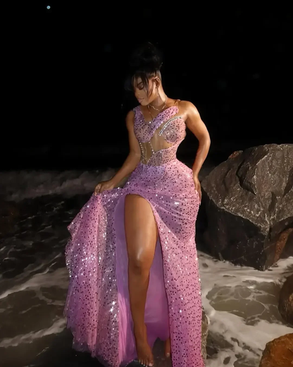 Luxurious Sparkling Mermaid Lace Beaded Party Evening Dress Sexy Open High Fork Transparent Formal Occasion Dress Customized