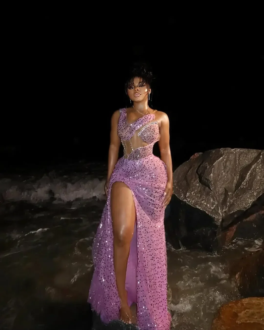 Luxurious Sparkling Mermaid Lace Beaded Party Evening Dress Sexy Open High Fork Transparent Formal Occasion Dress Customized