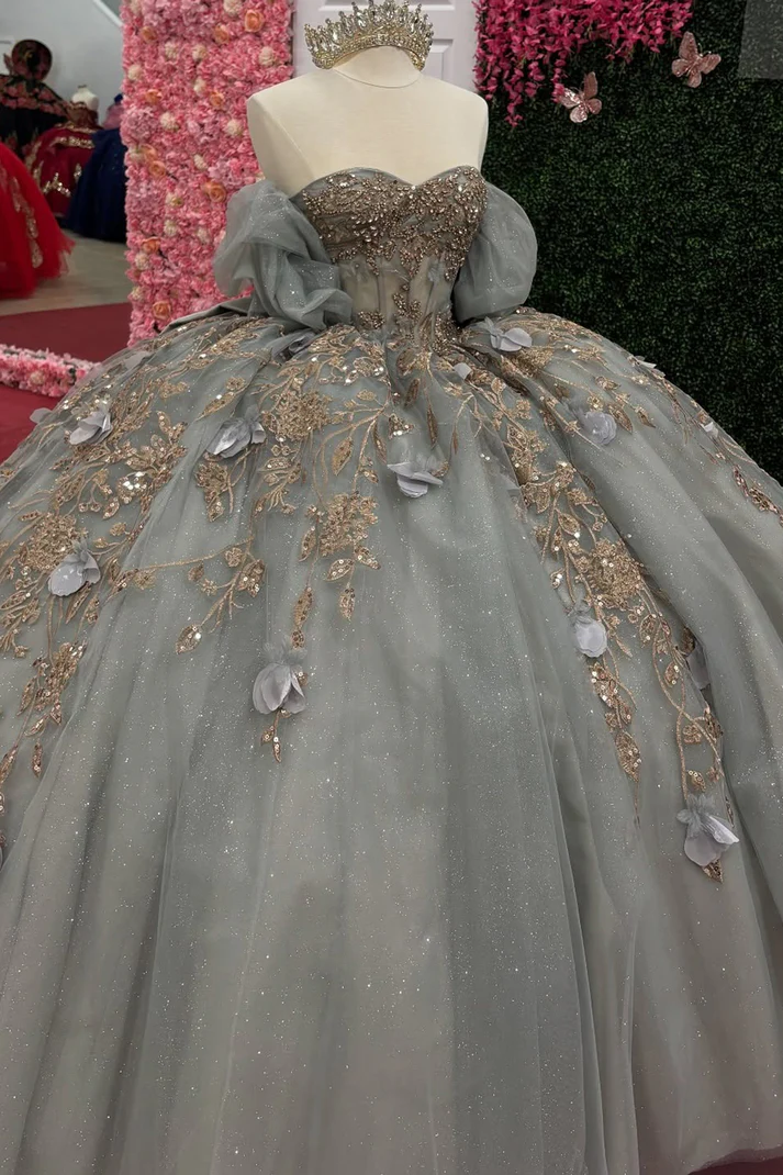 Luxury Glittery Tulle Sweetheart 3D Flowers Sweet 16 Quinceanera Dresses with Bowknot