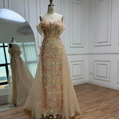 Luxury Nude Off Shoulder Floral Beaded Evening Dress with Detachable Overskirt Customized