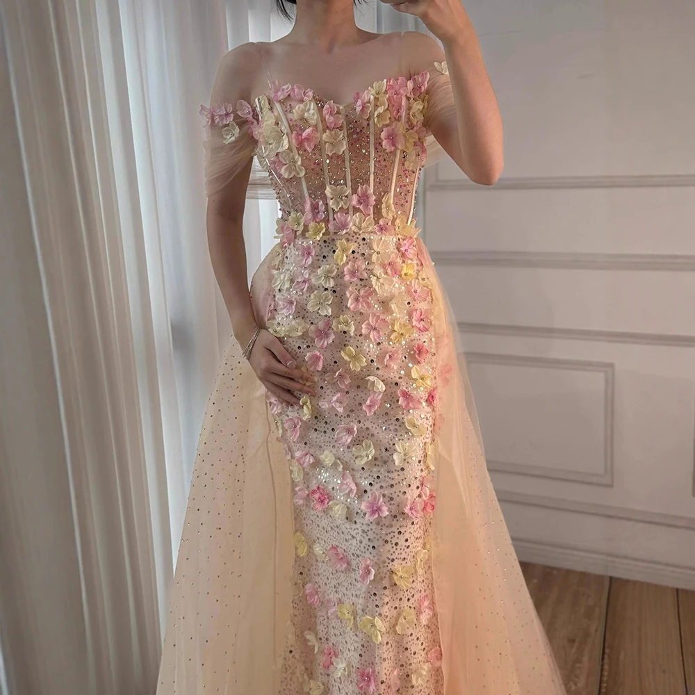 Luxury Nude Off Shoulder Floral Beaded Evening Dress with Detachable Overskirt Customized