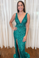 Mermaid Deep V Neck Royal Blue Sequins Long Prom Dresses with Slit