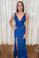 Mermaid Deep V Neck Royal Blue Sequins Long Prom Dresses with Slit