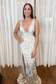 Mermaid Deep V Neck White Sequins Long Prom Dresses with Slit