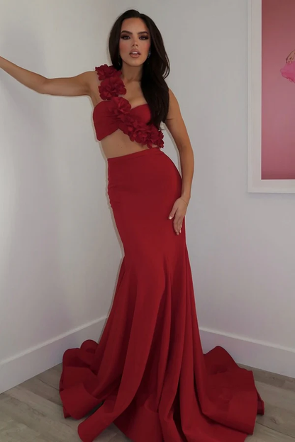 Mermaid One Shoulder Sleeveless Two Piece Ruched Prom Dress Evening Formal Gown Birthday Party Dress Cocktail Dress