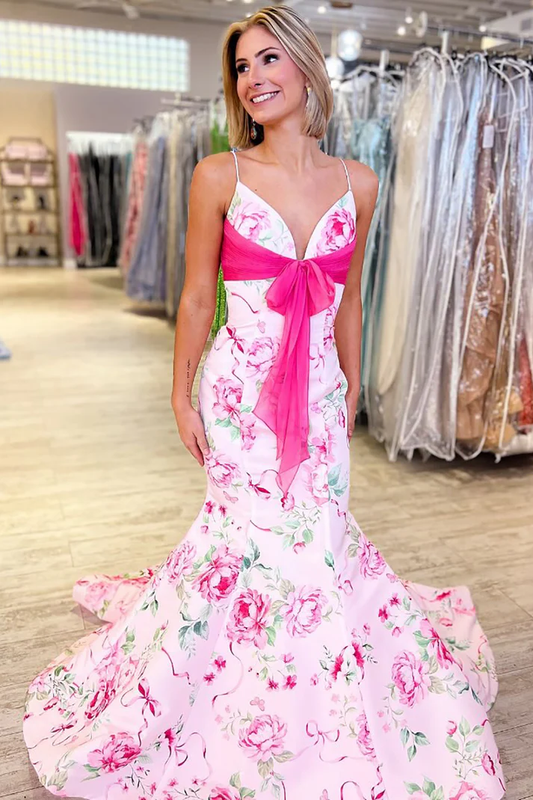 Mermaid Satin Floral Print Prom Dresses Long V Neck Evening Party Gowns for Women