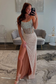 Mermaid Strapless Blush Pink Sequins Long Prom Dresses with Slit