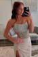 Mermaid Strapless Blush Pink Sequins Long Prom Dresses with Slit