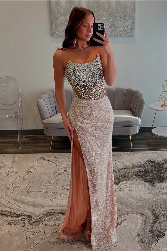 Mermaid Strapless Blush Pink Sequins Long Prom Dresses with Slit