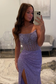 Mermaid Strapless Lavender Sequin Long Prom Dresses with Slit