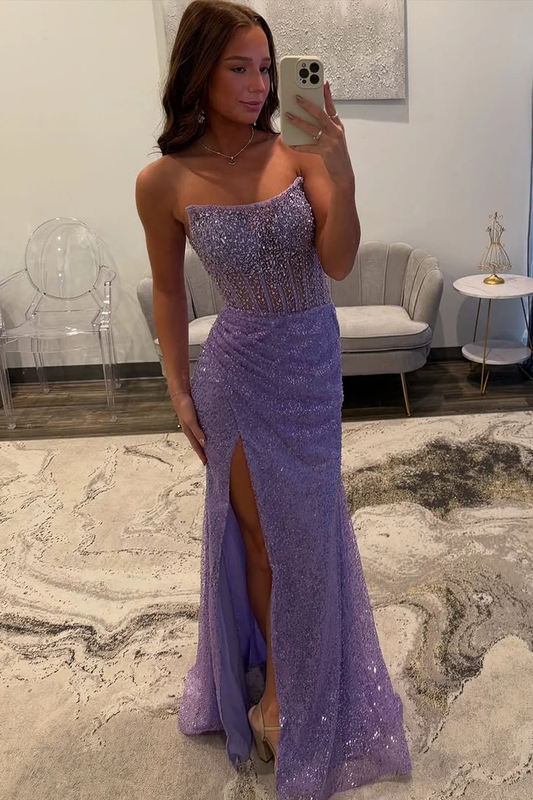 Mermaid Strapless Lavender Sequin Long Prom Dresses with Slit
