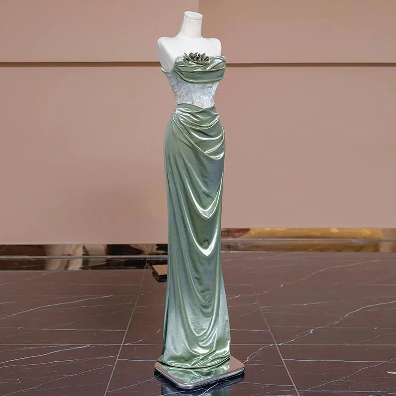 Mermaid Sweetheart Green Long Evening Dress Satin Prom Dresses