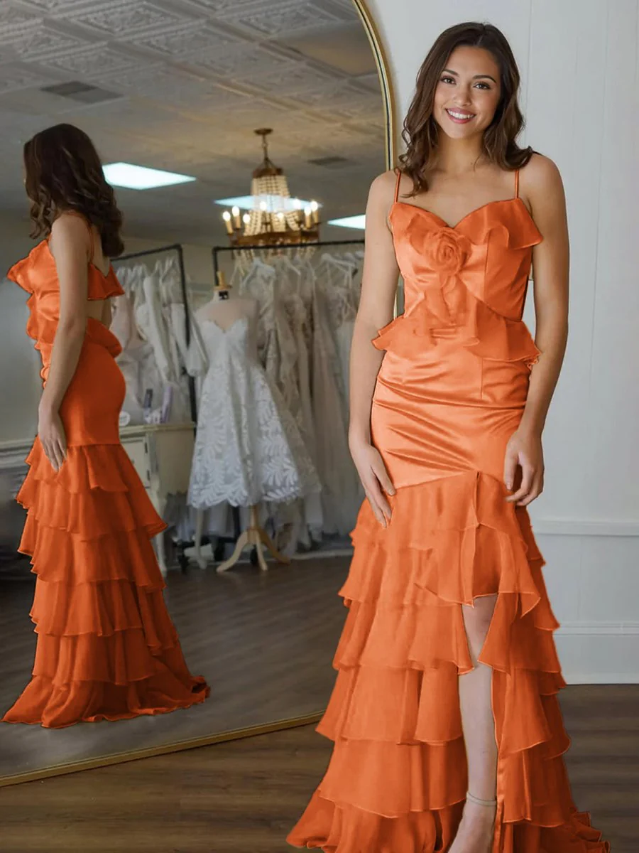 Mermaid V-Neck Yellow Ruffle Chiffon Long Prom Dresses with Flower