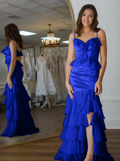 Mermaid V-Neck Yellow Ruffle Chiffon Long Prom Dresses with Flower