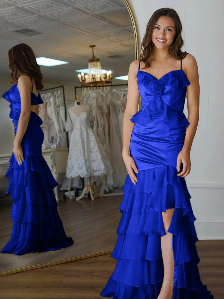 Mermaid V-Neck Yellow Ruffle Chiffon Long Prom Dresses with Flower