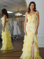 Mermaid V-Neck Yellow Ruffle Chiffon Long Prom Dresses with Flower