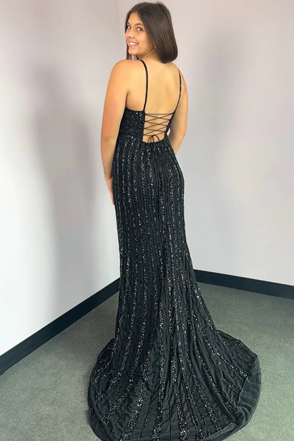 Mermaid V Neck Black Sequins Long Prom Dresses with Slit