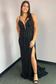 Mermaid V Neck Black Sequins Long Prom Dresses with Slit