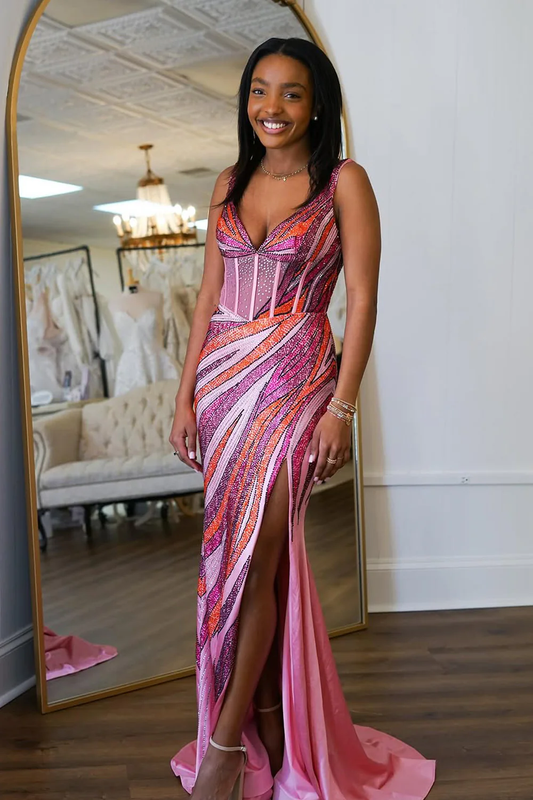 Mermaid V Neck Colored Sequins Long Prom Dresses with Slit