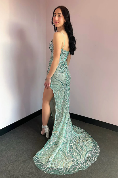 Mermaid V Neck Mint Sequin Lace Long Prom Dresses with Slit