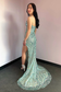 Mermaid V Neck Mint Sequin Lace Long Prom Dresses with Slit