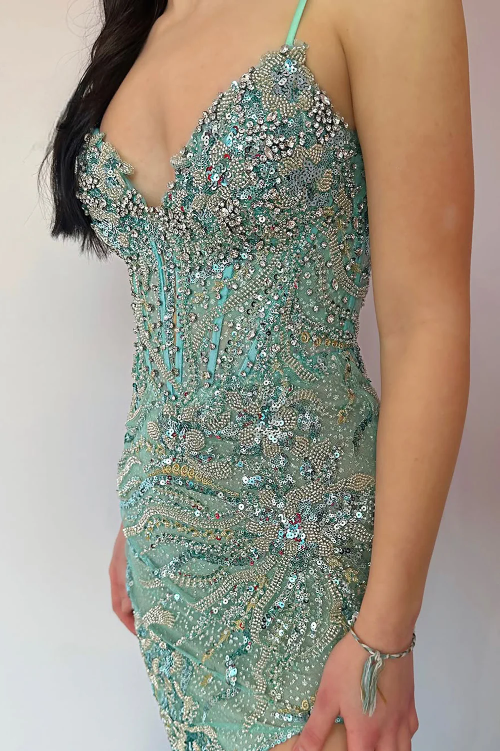Mermaid V Neck Mint Sequin Lace Long Prom Dresses with Slit