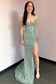 Mermaid V Neck Mint Sequin Lace Long Prom Dresses with Slit