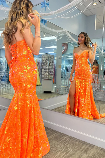 Mermaid V Neck Orange Sequins Lace Long Prom Dress