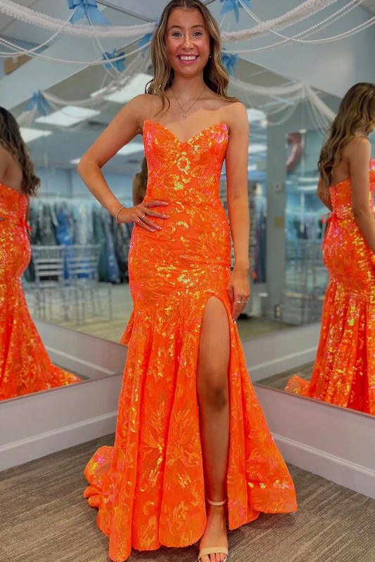 Mermaid V Neck Orange Sequins Lace Long Prom Dress