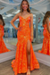 Mermaid V Neck Orange Sequins Lace Long Prom Dress