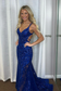 Mermaid V Neck Royal Blue Sequins Lace Long Prom Dresses