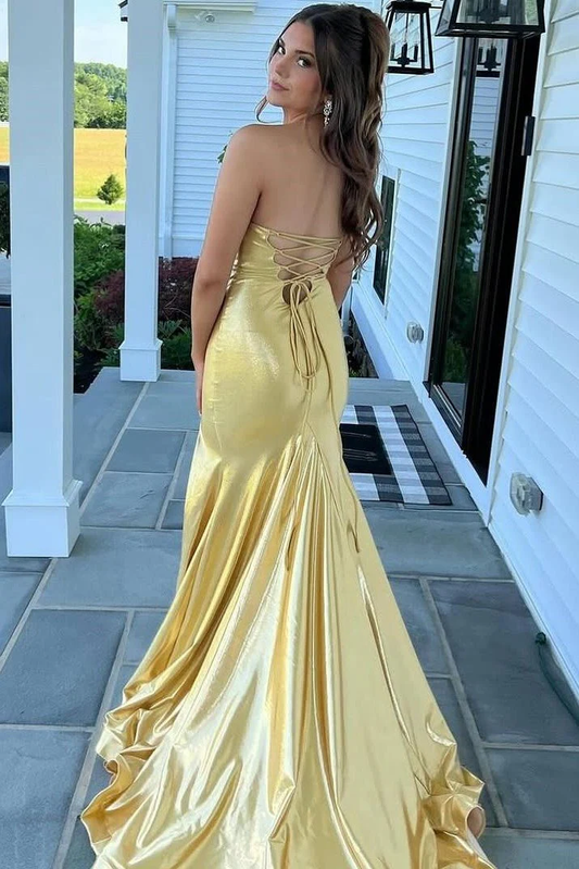 Mermaid Yellow V-Neck Metallic Long Prom Dresses with Slit