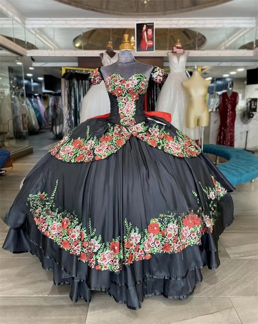 Mexico Black Quinceanera Ball Gown 2025 Vintage Colorful Flowers Birthday Dress Bow Tiered Corset Sweet 16 Gown Customized
