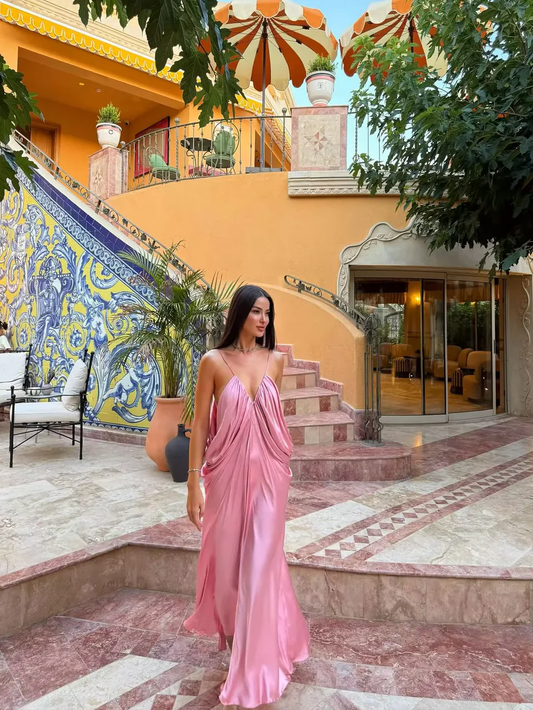 Minimalist Ruched Draped open back Prom Dresses